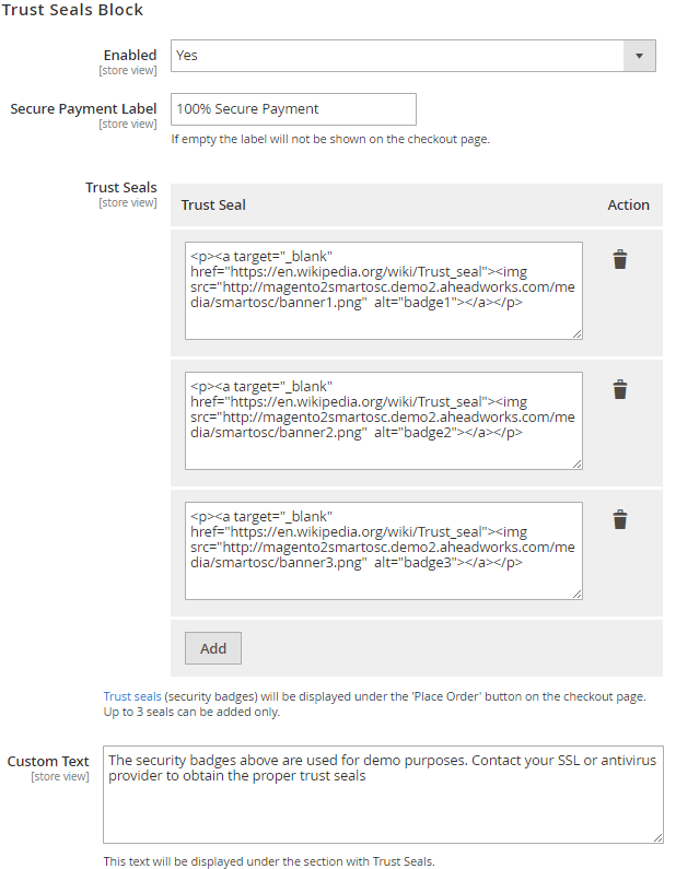 Trust Seals Configuration Trust Seals Configuration