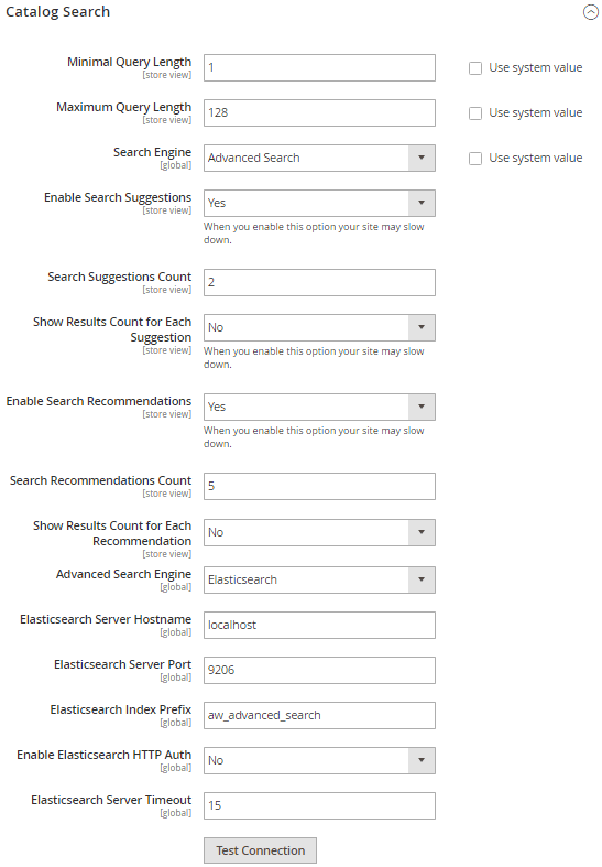 The Catalog Search settings section