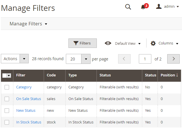 Manage Filters Grid