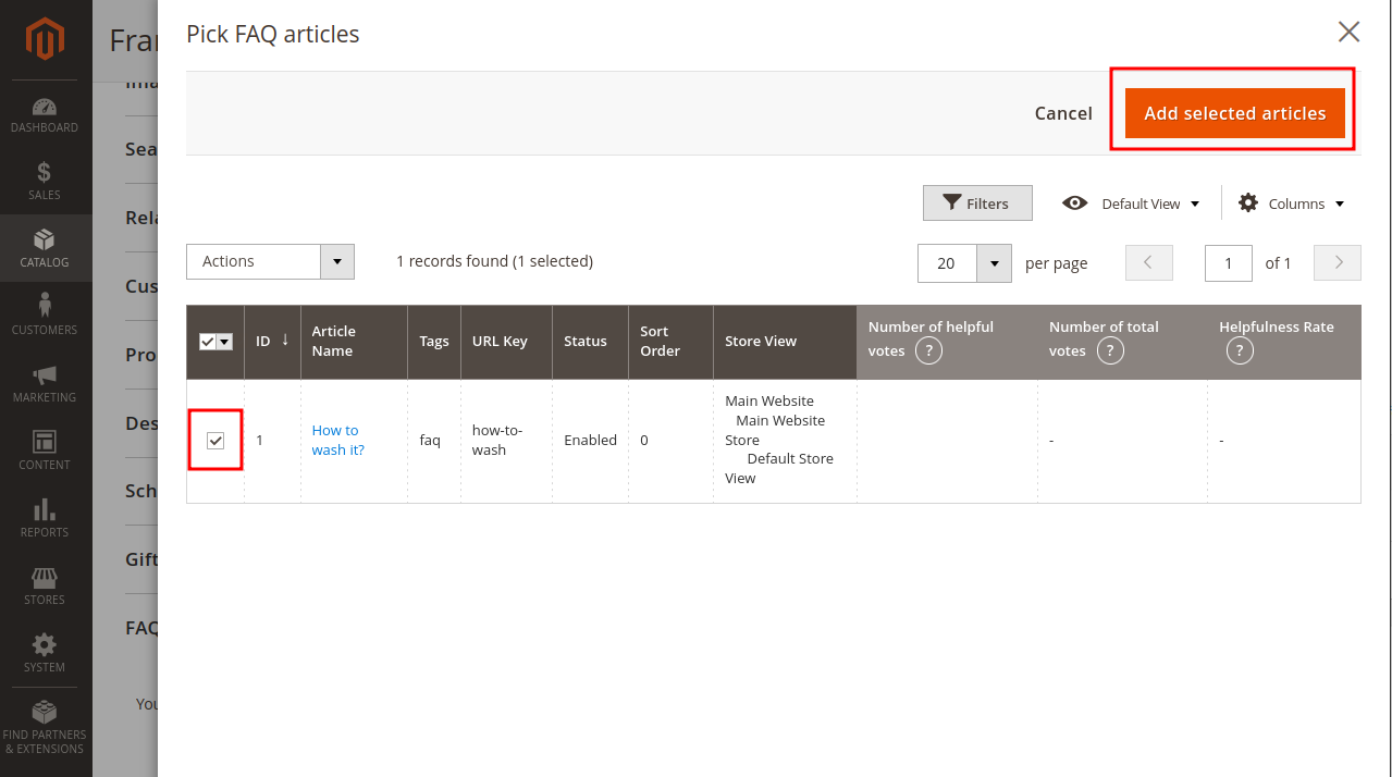 add selected articles to product page