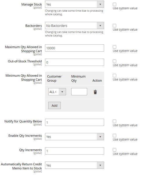 Product Stock Options Settings