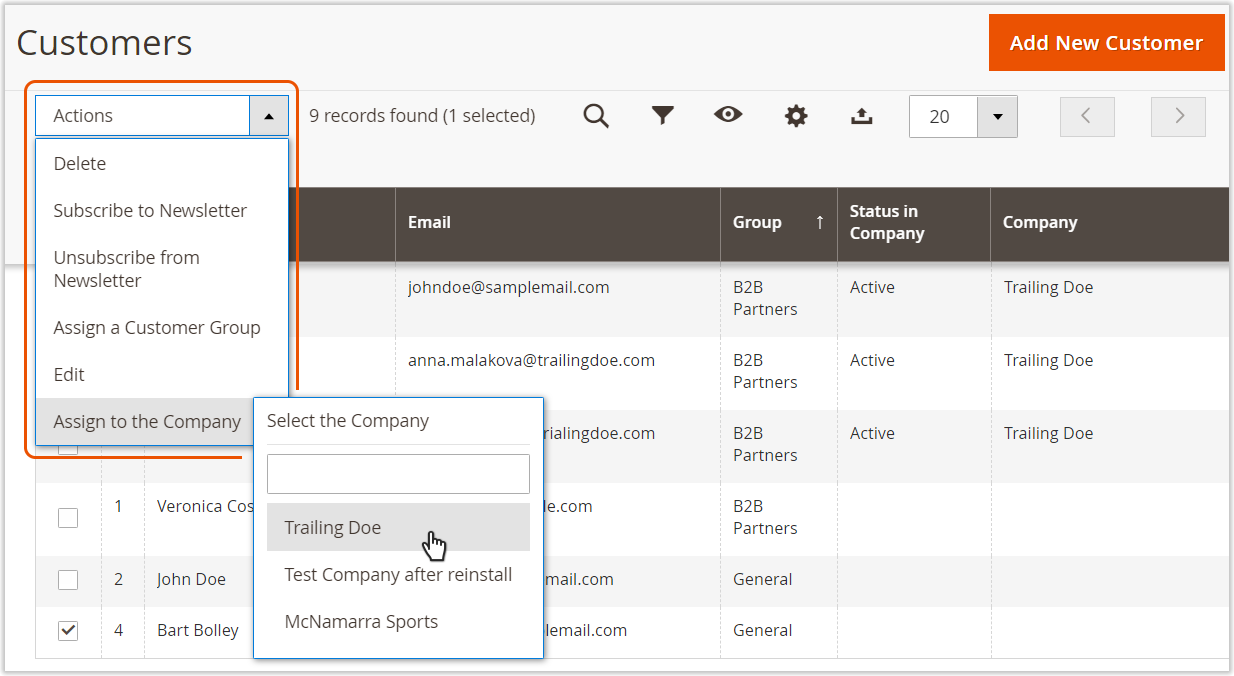 Add users to company account magento