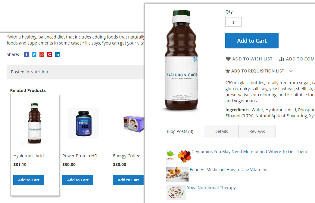 Related products on blog posts Magento 2
