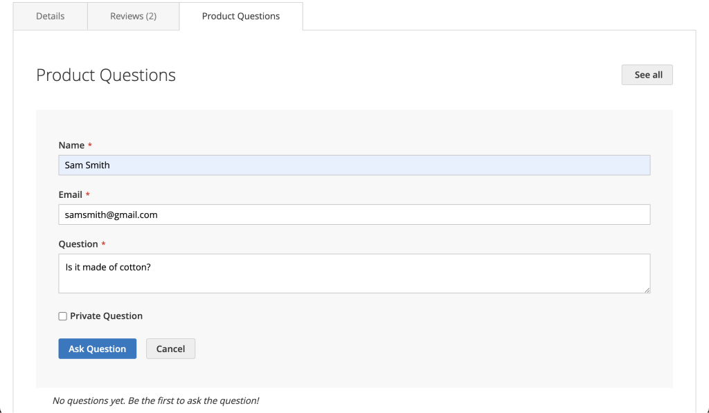 Private Question&nbsp;box | Product Questions for Magento 2