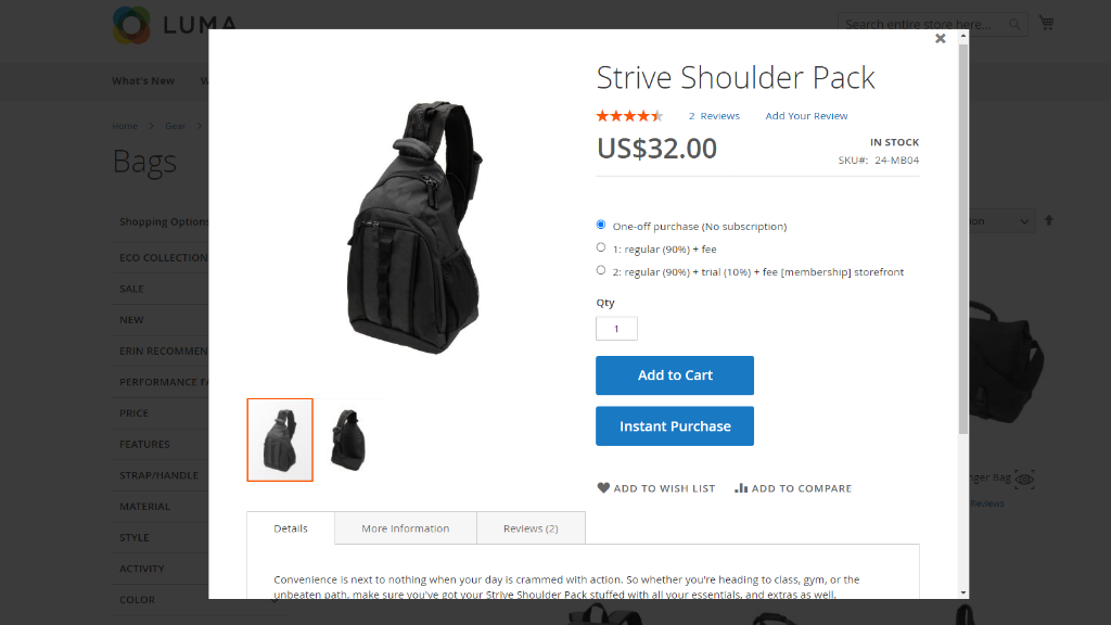 Quick View window | Advanced Subscription products Magento 2
