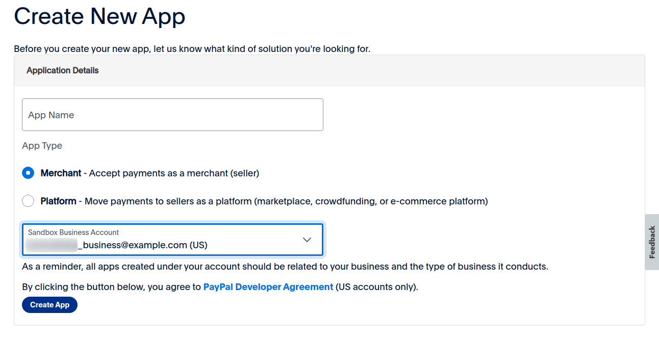 PayPal create new app | Social Login for Magento 2