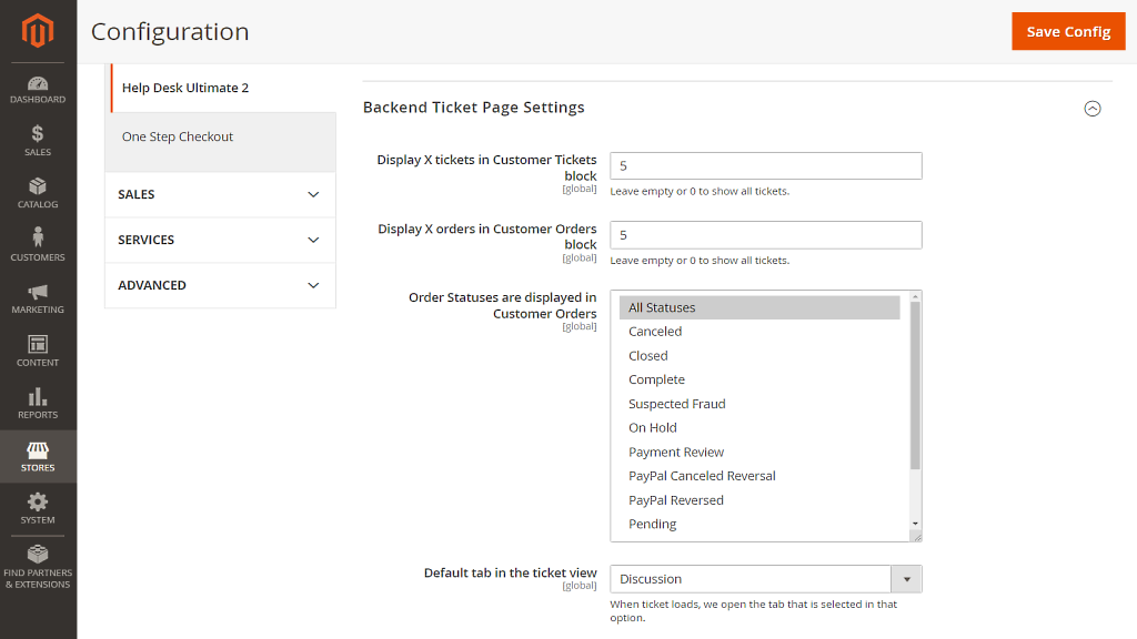 Backend Ticket Page Settings | Help Desk Ultimate for Magento 2